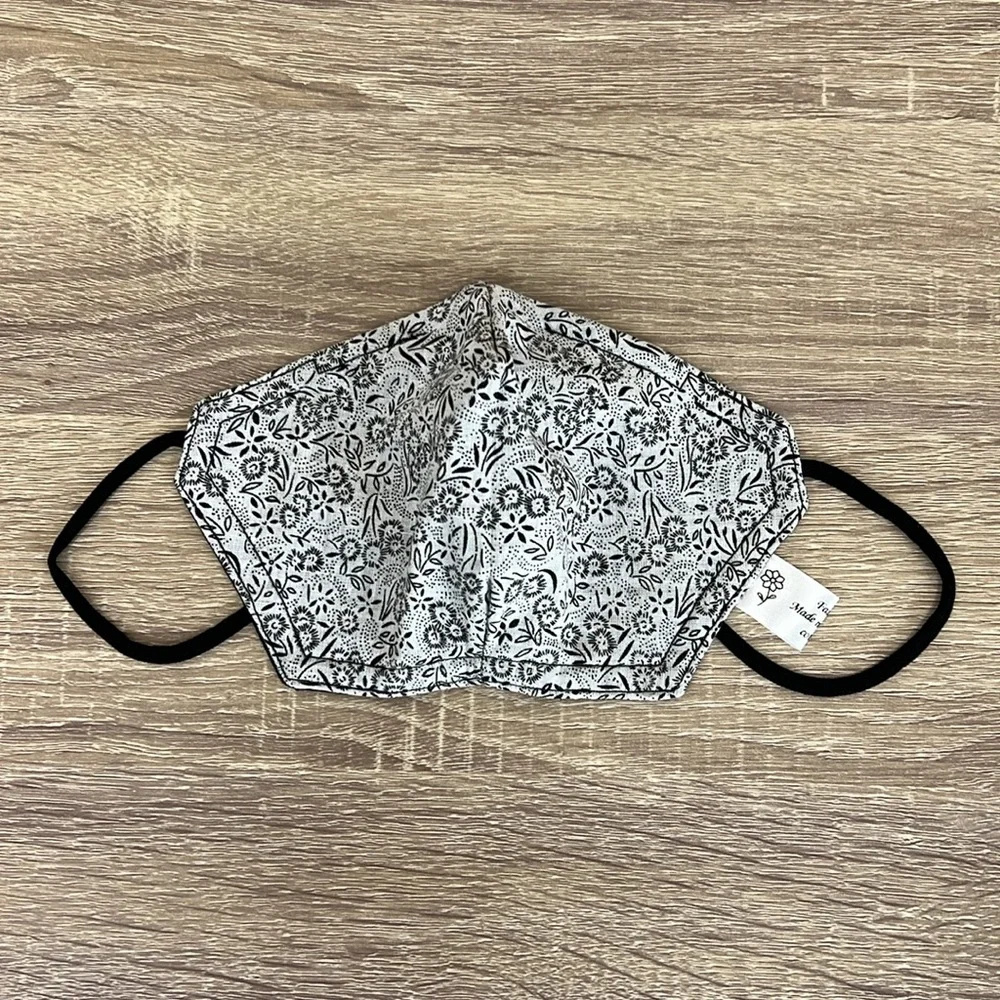 Reversible Face Mask black and white floral print 3 layer cotton fabric